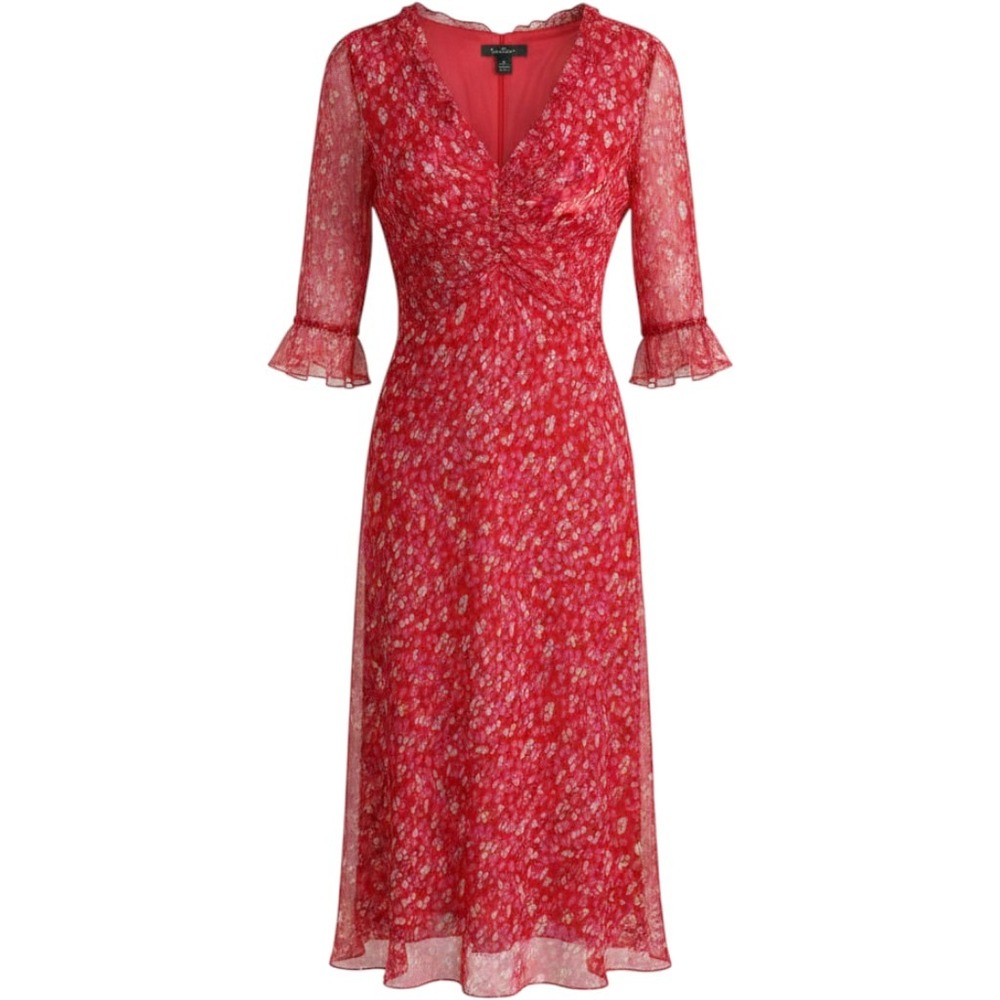 ECI New York 100% Silk Red Floral Midi Dress Size 6 NWOT Ruffle Sleeve
